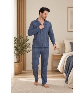 Falkom 2420 Boydan Düğmeli İnterlok Kalın Kumaş Erkek Ev Pijama Takımı