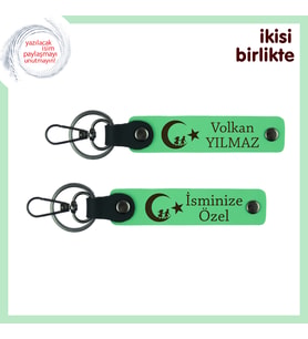 Kurumsal Hediye – Çocuk Ve Ayyıldız Desenli, İsme Özel 2’li Anahtarlık Seti, Fıstık Yeşil-Yeşil