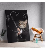 Kedi Kafalı Balık Tutan İş Adamı Dekoratif Tablo