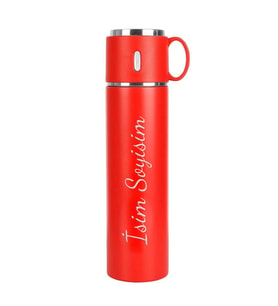 Kişiye Özel Bardaklı 580ml Çelik Termos (Kırmızı)