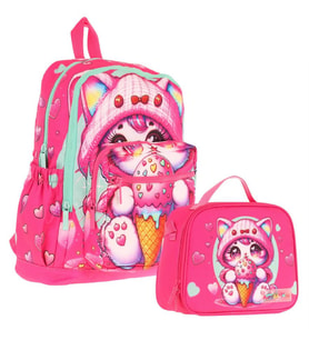Kaukko Dondurma Yiyen Kedi Baskılı Kız Çocuk Okul Çantası ve Thermo Beslenme Çantası Seti - Pembe (L5250+L7250)