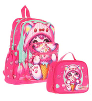 Kaukko Dondurma Yiyen Kedi Baskılı Kız Çocuk Okul Çantası ve Thermo Beslenme Çantası Seti - Pembe (L5250+L7250)