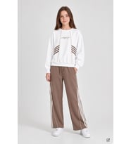 Kahverengi Kız Çocuk Şeritli Sweatshirt Geniş Paça Eşofman Takımı 24682