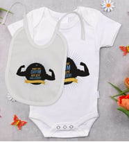 BK Kids Dayım Her Şeyi Halleder Tasarımlı Bebek Body Zıbın ve Mama Önlüğü Hediye Seti - Model 1