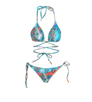 Beria Kadın Çapraz Bağlama Detaylı Üçgen İpli Mavi Desenli Bikini Takımı