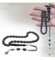 Oltu Taşı Tesbih - 925 Ayar Gümüş Kral Püsküllü - Firuze Mine İşlemeli - Arpa Kesim - Siyah Renk