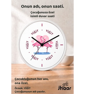 İsme Özel Pembe Flamingo Figürlü Çocuk Odası Duvar Saati Orta Boy 30 cm Beyaz Camlı Sessiz