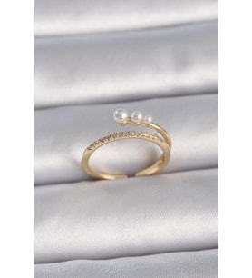 pilelistore Pirinç Gold Renk Ayarlanabilir Zirkon Taşlı İncili Model Kadın Yüzük - TJ-BYK3414