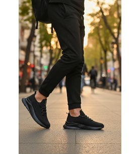 Enoch Erkek Tam Siyah Spor Ayakkabı Örme Sneaker Desenli Bağcık Detaylı Yürüyüş Modeli
