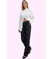 Kadın Yüksek Bel Geniş Paça Denim Pantolon Pamuklu Günlük Şıklık Yaz Aylarının Vazgeçilmezi (Siyah)