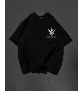 Unisex Bisiklet Yaka Baskılı Oversize T-Shirt - Siyah