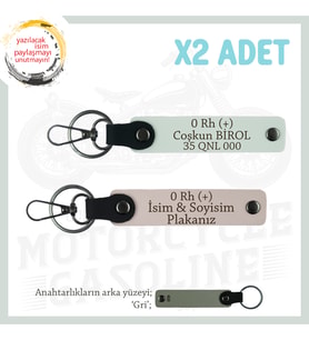 Motor Tutkunlarına Özel, İsim Plaka ve 0 Rh (+) Kan Grubu Yazılı Deri x2 Anahtarlık, Pudra-Beyaz-Gr