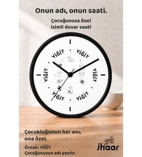 İsme Özel Siyah Beyaz Çizimler Çocuk Odası Duvar Saati Orta Boy 30 cm Siyah Camlı Sessiz