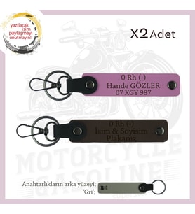 Motosiklet Aşıklarına İsim Plaka ve 0 Rh (-) Kan Grubu, Acil Durum Anahtarlığı x2, K Kahve-Pembe-Gr (Çok Renkli)