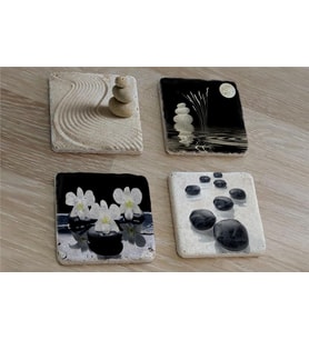 Spa Taşları ve Kiraz Çiçeği Doğal Taş Bardak Altlığı 4'lü set - Natural Stone Coasters