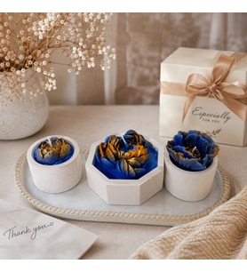 El Yapımı Çiçek Mum Seti – Dekoratif  Saksılı Mavi & Gold Çiçek Mum – Ev Dekoru & Hediye Set