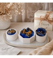 El Yapımı Çiçek Mum Seti – Dekoratif  Saksılı Mavi & Gold Çiçek Mum – Ev Dekoru & Hediye Set