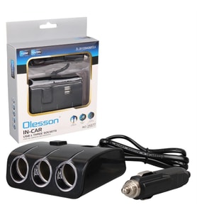 Olesson 1506 12-24V Çift USB Girişli 120W 80 CM Kablolu 3'LÜ Araç Çakmak Çoklayıcı (Siyah)