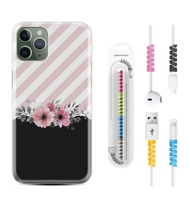 Apple iPhone 11 12 13 14 Pro Max Kılıf Kablo Koruma Spiral Silikon Strip Pink Flowers 1396