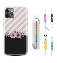 Apple iPhone 11 12 13 14 Pro Max Kılıf Kablo Koruma Spiral Silikon Strip Pink Flowers 1396
