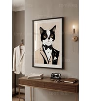 Şık Giyimli Kedi Çizimi 1. Kalite Ahşap Çerçeveli Tablo