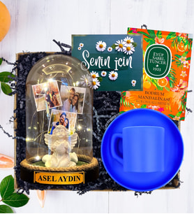İsimli, 3 Fotoğraflı ve Işıklı Fanus & Mavi Kahve Fincanı  Kişiye Özel Premium Set (Model 2)