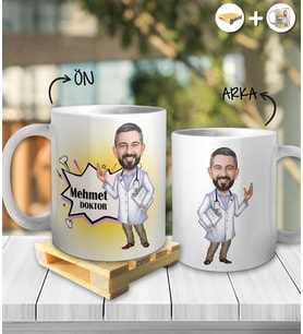 Kişiye Özel İsimli Erkek Doktor Karikatür Tasarım Beyaz Kupa ve Ahşap Palet Altlığı Hediyeli Kupa Bardak oh1036