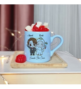 Gelin & Damat ( Seninle Bir Ömür ) Tasarımlı Kişiye Özel Mavi Türk Kahvesi Fincanı