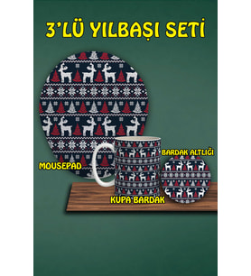 Yılbaşı Temalı 3'lü Bilek Destekli Mousepad Kupa Ve Bardak Altlığı Seti