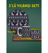 Yılbaşı Temalı 3'lü Bilek Destekli Mousepad Kupa Ve Bardak Altlığı Seti