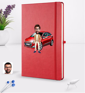 BK Gift Kişiye Özel Plakalı Erkek Hyundai İ20 Karikatürlü Kırmızı Termo Deri Defter 16x24cm Model 1