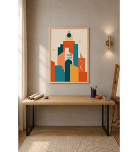 Mid-Century Şehir Geometrik Silüet Ahşap Çerçeveli Duvar Tablosu