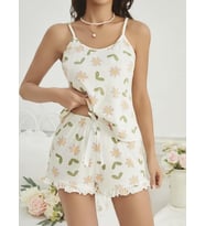 Kadın Ekru Çiçek Baskılı Şortlu Gecelik Pijama Takımı 5047