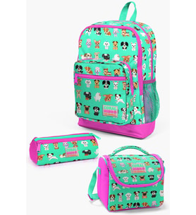 Coral High Kids Su Yeşili Neon Pembe Köpek Desenli 3’lü Okul Çanta Seti SET0123465