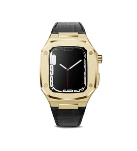 Apple Watch 7 45mm Uyumlu Kordon Deri Kordon Metal Kasa Korumalı Luxury KRD-67 Kayış (Siyah-Gold)