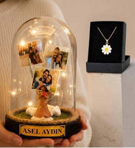 3 Fotoğraflı ve Yazılı LED Işıklı Şans Melekli Fanus & Tasarım Kolye Seti