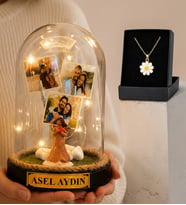 3 Fotoğraflı ve Yazılı LED Işıklı Şans Melekli Fanus & Tasarım Kolye Seti