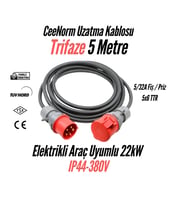 Bemis Elektrikli Araç Trifaze Uzatma Kablosu 5 Metre  11 kW – 22 kW  5/32A Fiş – 5/32A Priz  5x6 TTR