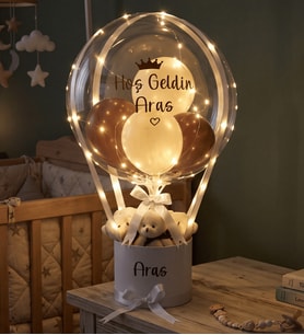 Kişiye Özel İsimli Led Işıklı Uçan Balon Ayıcık Kutusu - Prens Konseptli Erkek Bebek Hediyesi