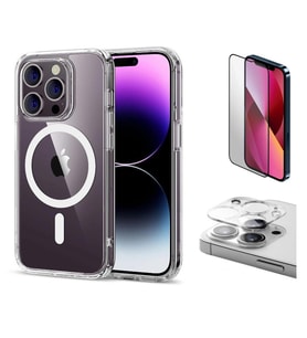 Vendas iPhone 13 Pro Uyumlu (13 Pro) Magsafe Şarj Destekli Darbe Dirençli Fit Hard Silikon Kılıf + Kamera Lens + Cam Ekran Koruyucu (Renksiz)