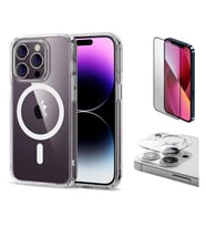 Vendas iPhone 13 Pro Uyumlu (13 Pro) Magsafe Şarj Destekli Darbe Dirençli Fit Hard Silikon Kılıf + Kamera Lens + Cam Ekran Koruyucu (Renksiz)