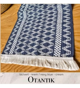 Otantik Lacivert Krem Fransız Dantel Detaylı Sehpa Örtüsü 40x140 cm Dekoratif Model