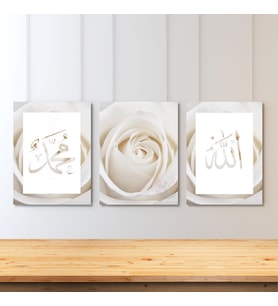 Dikey 3'lü Kanvas Tablo Allah Hz.Muhammed Beyaz Gül Dini Manevi İslami Duvar Salon Tablosu
