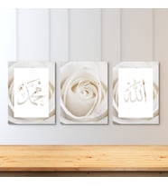 Dikey 3'lü Kanvas Tablo Allah Hz.Muhammed Beyaz Gül Dini Manevi İslami Duvar Salon Tablosu