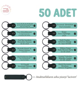 Promosyon Firmalarına Özel, 50'li Set, Kişiye Özel Yazılı Deri Anahtarlık, Turkuaz & Lacivert