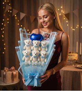 Kişiye Özel 6 Ayıcıklı Mavi Fotoğraflı Peluş Ayıcık Buketi – Kalpli Balonlu Hediye