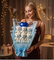 Kişiye Özel 6 Ayıcıklı Mavi Fotoğraflı Peluş Ayıcık Buketi – Kalpli Balonlu Hediye