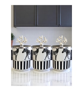 Şık 3'lü Silindir Baharatlık Seti, Zebra Desenli, 750 ml, Gümüş Renk