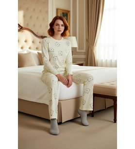 Kadın Ayıcık Desenli Pamuklu Pijama Fonksiyonel Dayanıklı Kaliteli Konforlu Estetik Modern