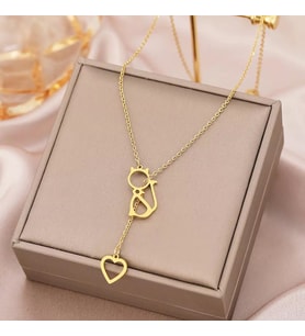 Kişiye Özel 925 Ayar Gümüş İç İçe Kalp Kedi Kolye (Gold)